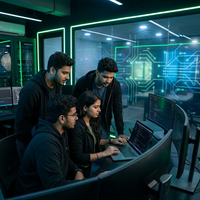 Indian youth studying in modern cinematic coding lab